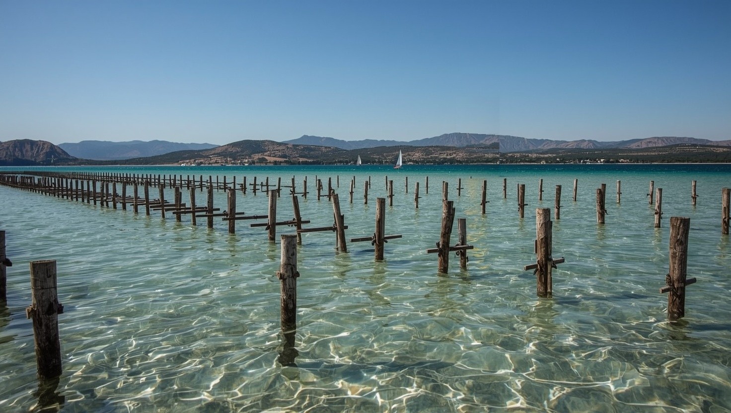 Étang de Leucate mit Austernpfählen im flachen Wasser und Bergen im Hintergrund