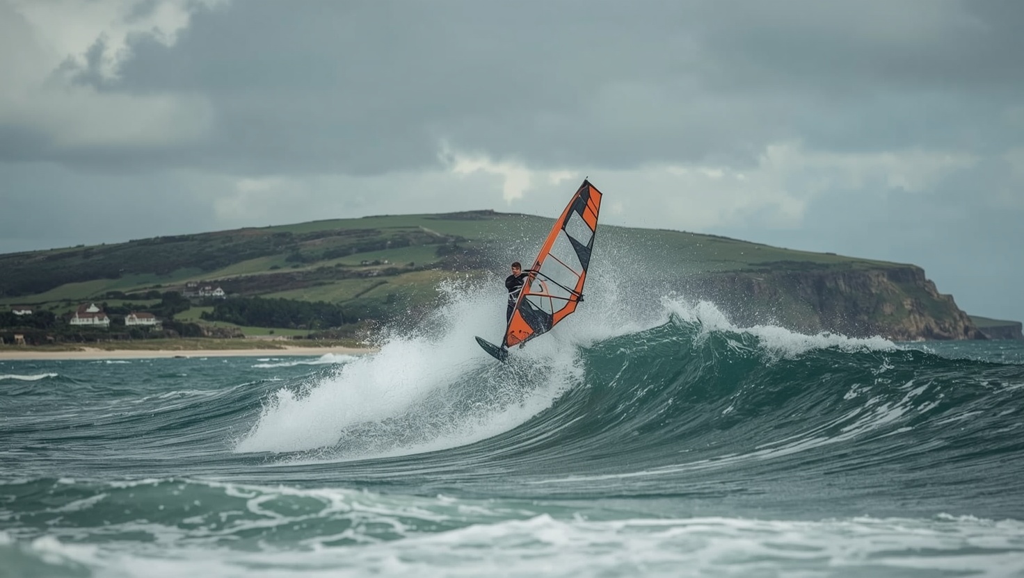 Windsurfer in einer großen Welle vor einer schottischen Hebrideninsel